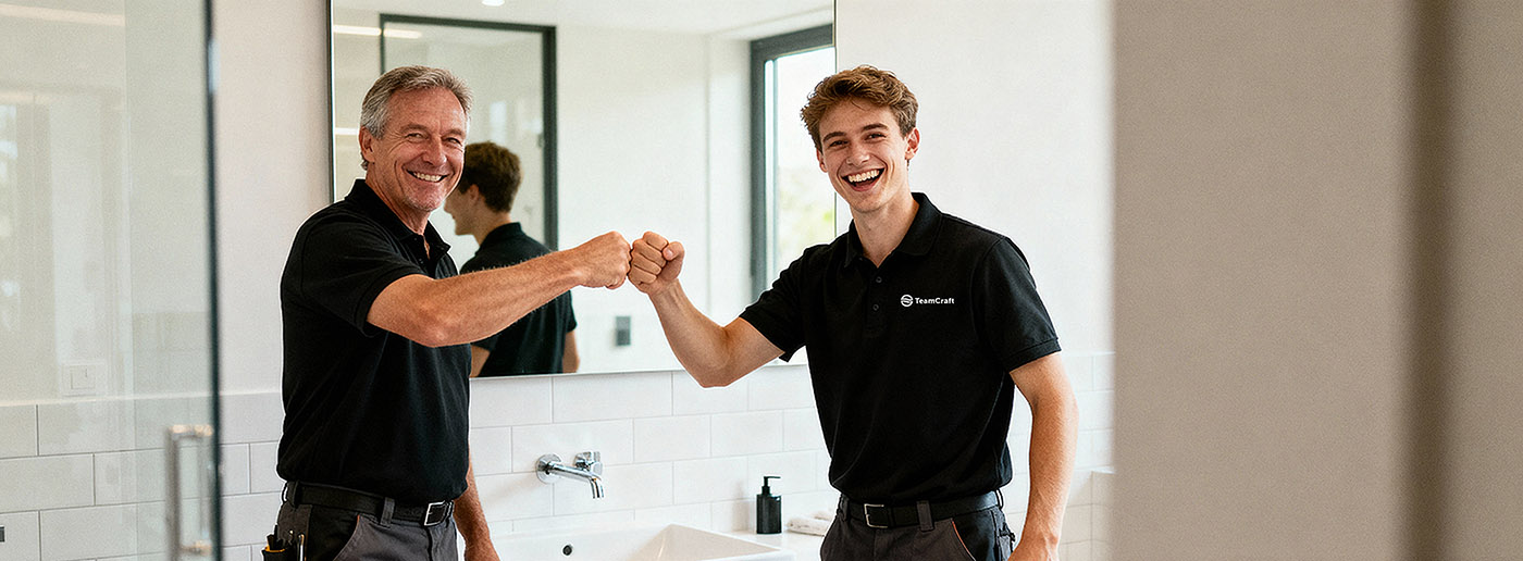 Zwei TeamCraft-Mitarbeiter geben sich einen Fistbump in einem neuen Bad.