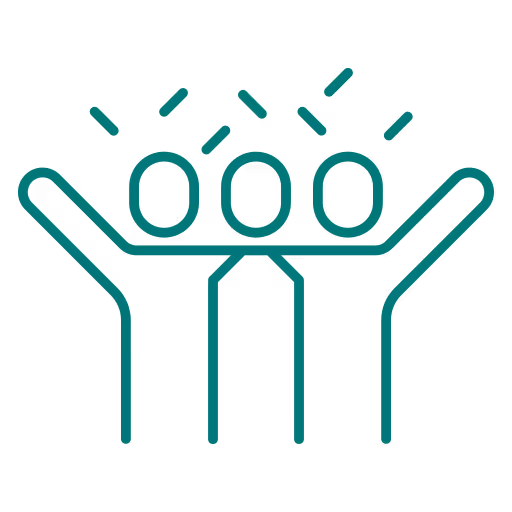 Icône de trois personnes stylisées bras levés, symbolisant la convivialité et l'amitié.