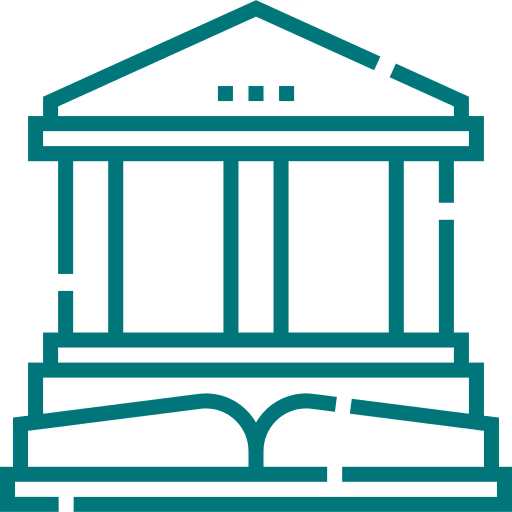 Icône d'un bâtiment classique avec des colonnes et un livre ouvert en dessous, symbolisant la culture ou le savoir.