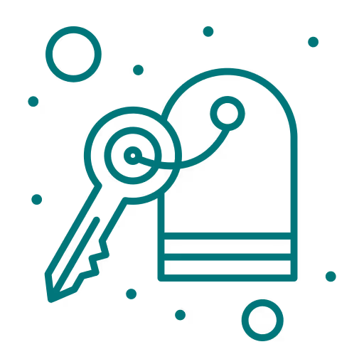 Icône stylisée d'une clé avec un porte-clés ou étiquette attachée, entourée de cercles décoratifs.