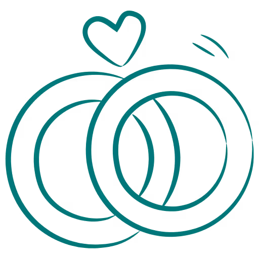 Deux anneaux entrelacés avec un petit cœur au-dessus, symbole d'amour ou mariage.