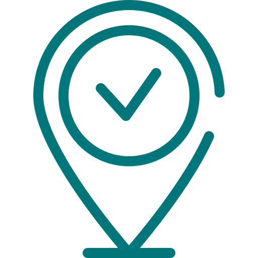 Icône d'un repère géographique avec une coche au centre symbolisant une arrivée ou une validation.