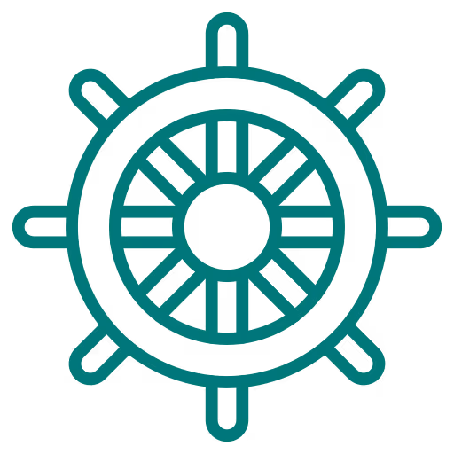 Roue de gouvernail de navire stylisée avec huit branches.