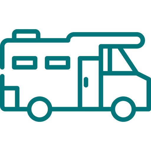 Icône linéaire d'un camping-car avec fenêtres et porte latérale.