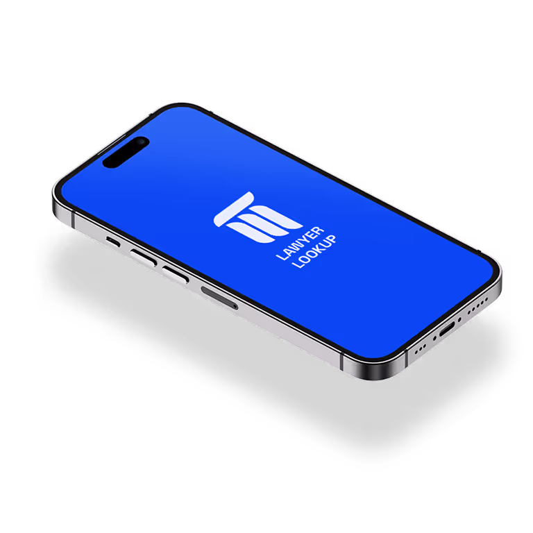 Smartphone displaying the Lawyer Lookup logo on a blue screen, representing the online legal directory’s mobile accessibility.