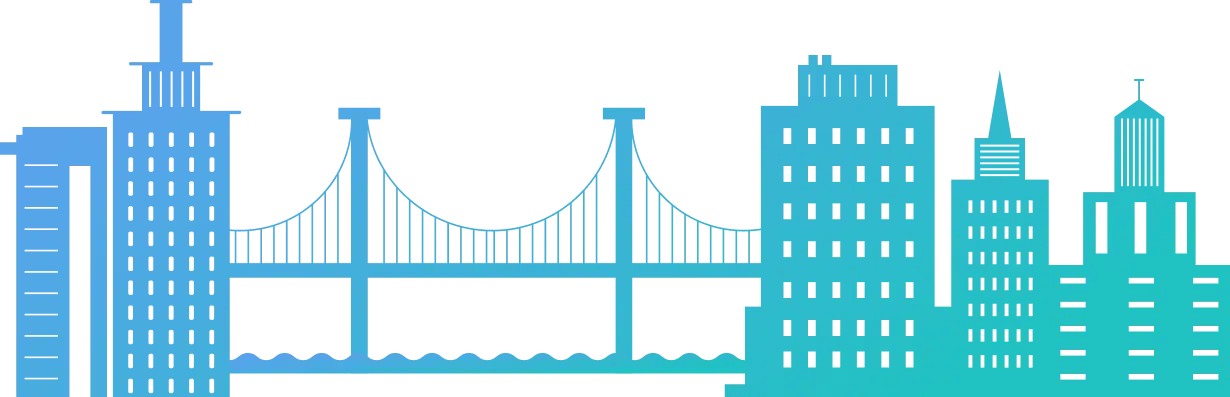 Blue gradient silhouette of a San Francisco city skyline with a suspension bridge in the center.