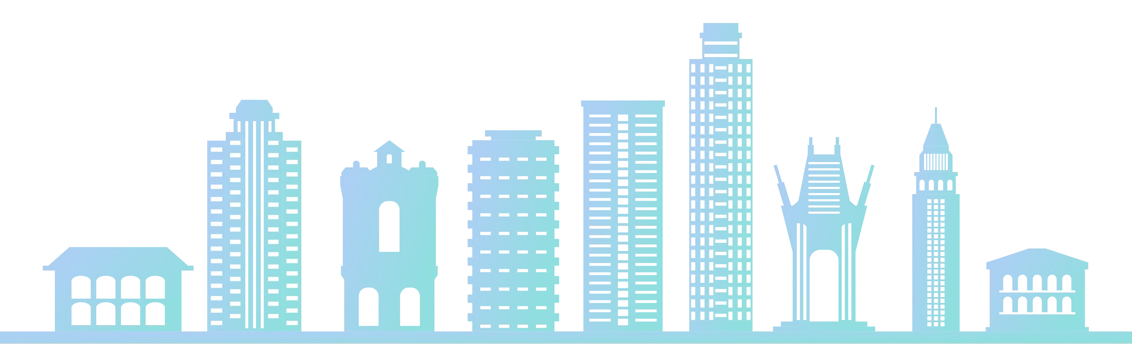Stylized blue Los Angeles gradient skyline featuring various modern and historical buildings against a black background.