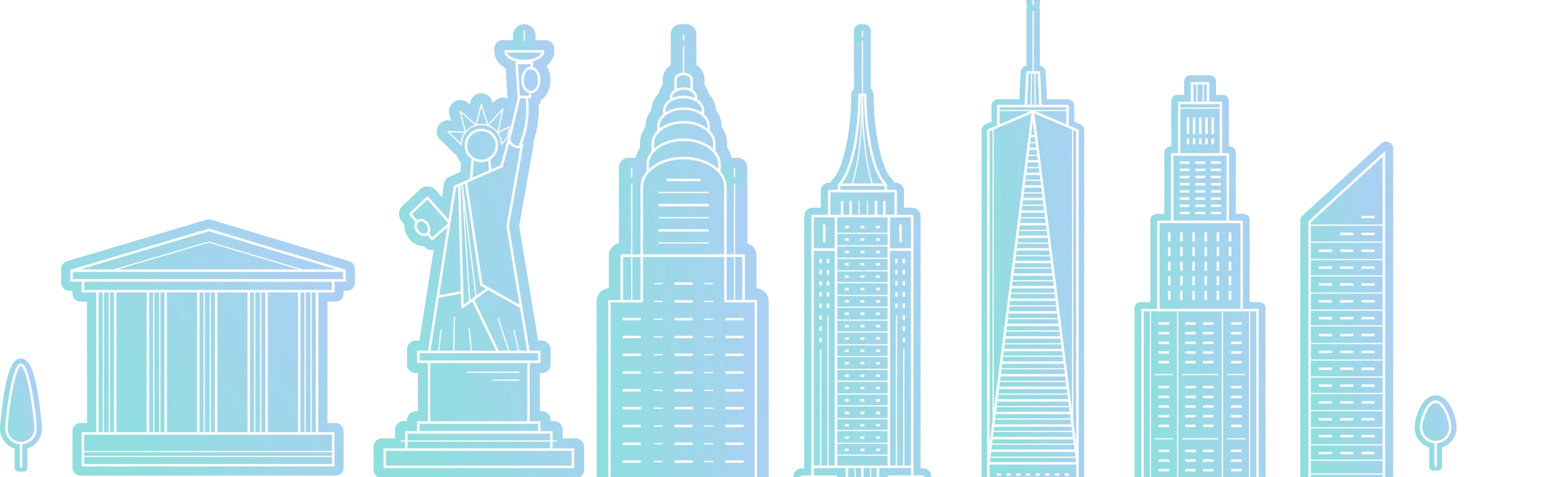 Simplified blue line art icons featuring New York City landmarks including the Statue of Liberty and skyline buildings.
