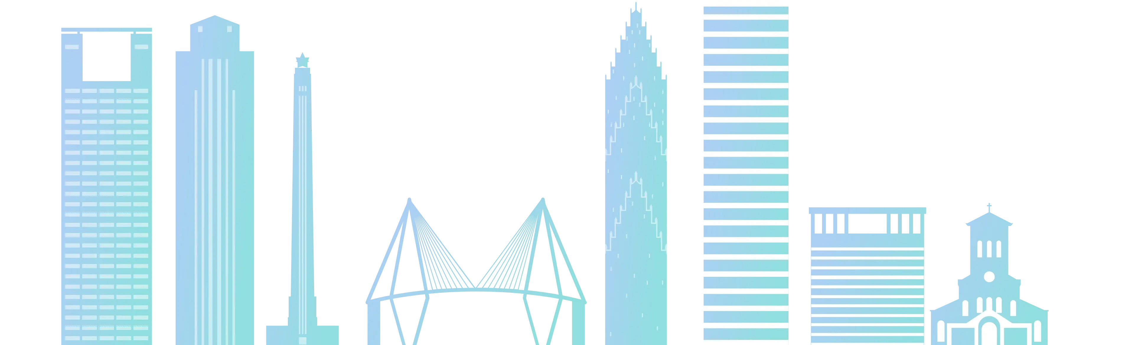 Stylized blue and turquoise gradient silhouettes of Houston skyline buildings including skyscrapers and a suspension bridge.