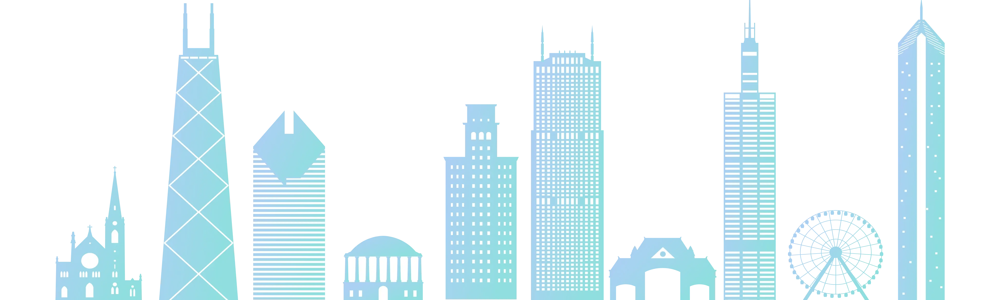 Stylized gradient blue skyline illustration of Chicago's iconic buildings and Ferris wheel on a black background.