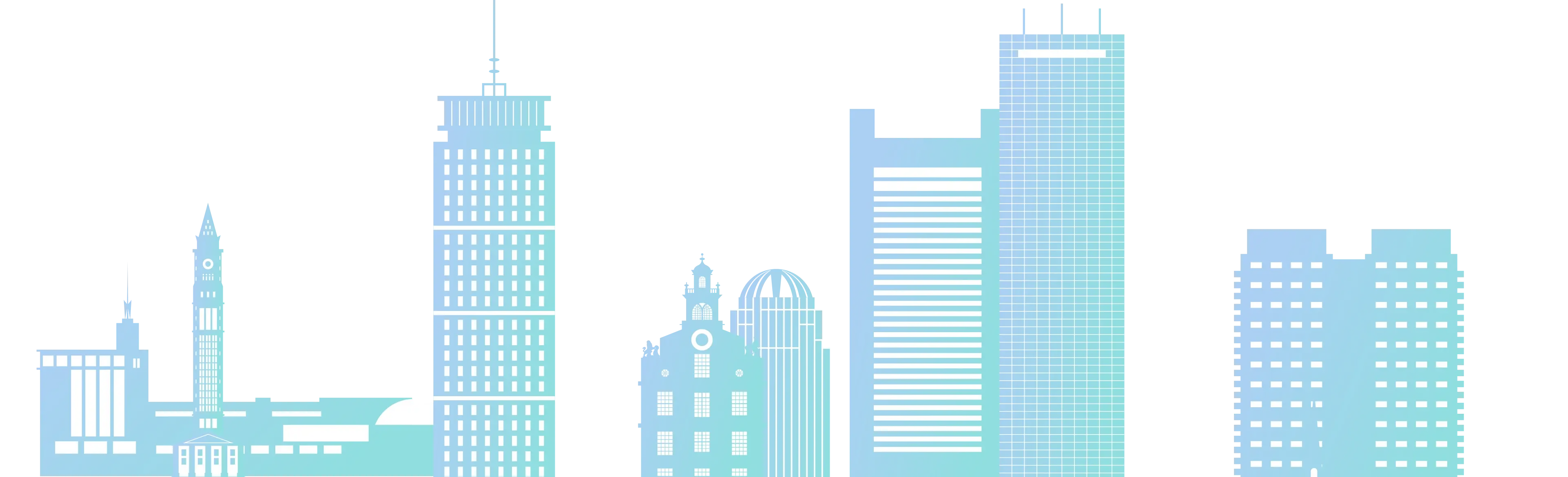 Stylized blue and teal skyline illustration of Boston with iconic buildings against a black background.