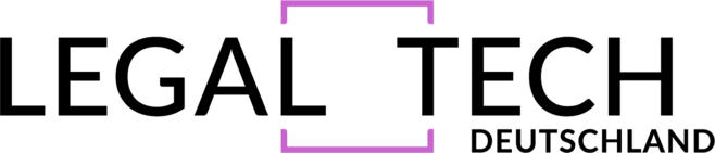 Schwarzer Schriftzug Legal Tech Deutschland mit violettem Symbol auf transparentem Hintergrund.