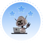 Roboter mitLaptop macht Peace-Zeichen vor drei Sternen auf transparentem Hintergrund.