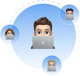 Illustration: Mann am Laptop, verbunden mit drei Personen in Kreisen um ihn herum.