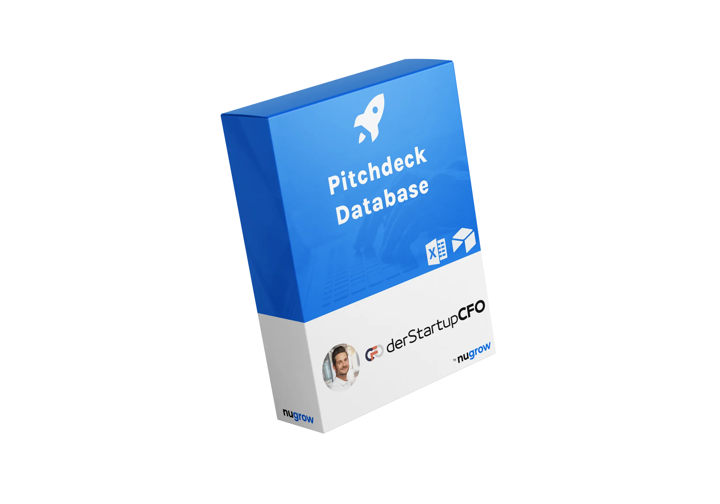 Blau-weiße Box mit Text 'Pitchdeck Database' und Logos von derStartupCFO und nugrow.