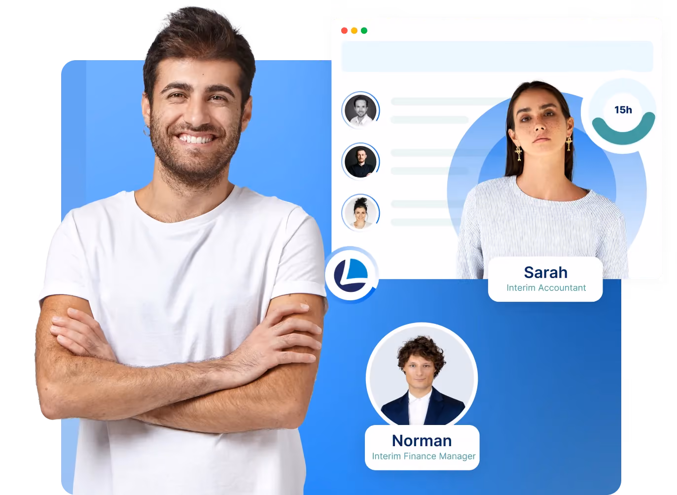 Smiling man with arms crossed beside profile cards for Sarah, Interim Accountant, and Norman, Finance Manager.