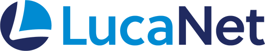 LucaNet company logo with stylized blue icon and text on transparent background.