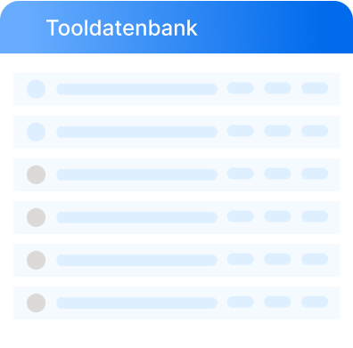 Benutzeroberfläche einer Tooldatenbank mit unscharfen Listenpunkten und blauen Highlights.