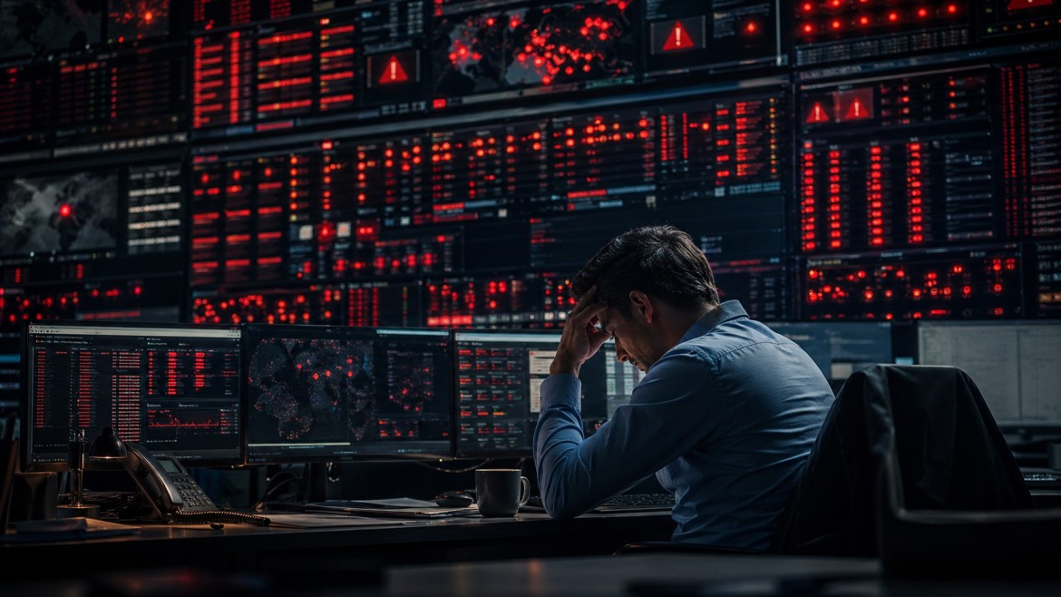 System administrator overwhelmed by a wall of red alerts in a network operations center