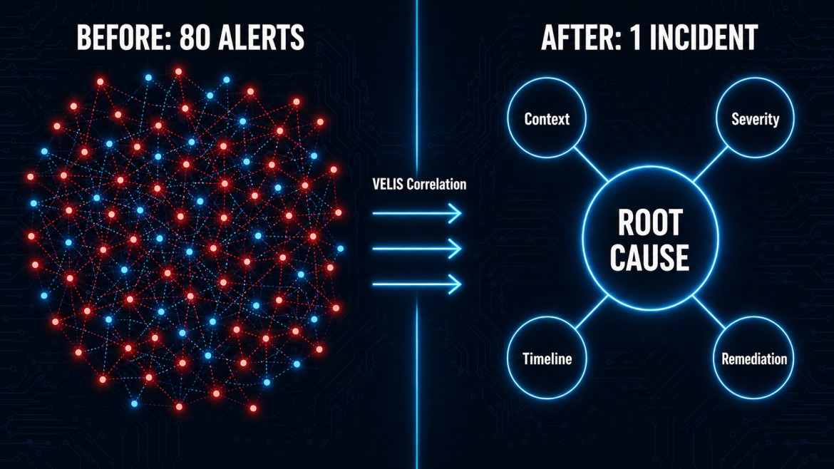 Before VELIS shows 40 scattered alerts. After VELIS shows one correlated incident with root cause, context, severity, timeline, and remediation