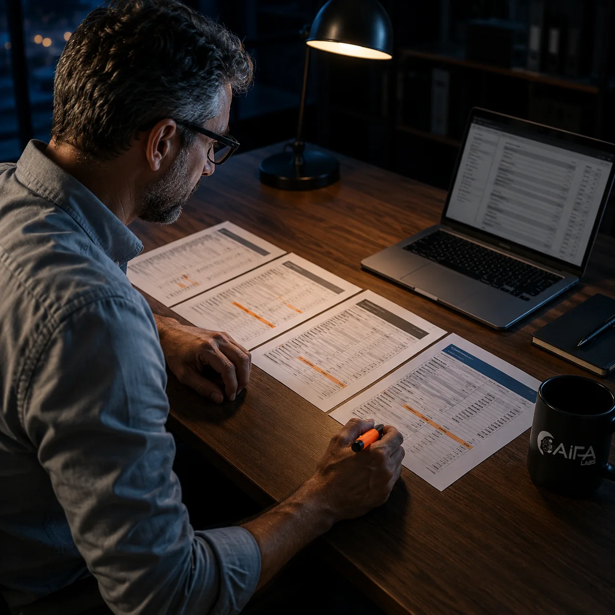 Integration architect comparing four near-identical printed API specifications with an orange highlighter at a desk