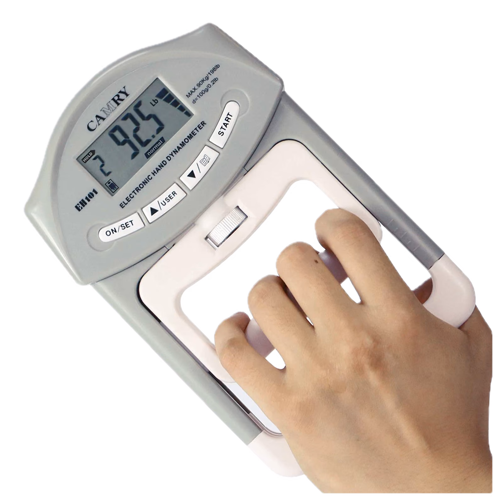 Mano sosteniendo un dinamómetro electrónico de mano que muestra una fuerza de agarre de 92.5 lb.