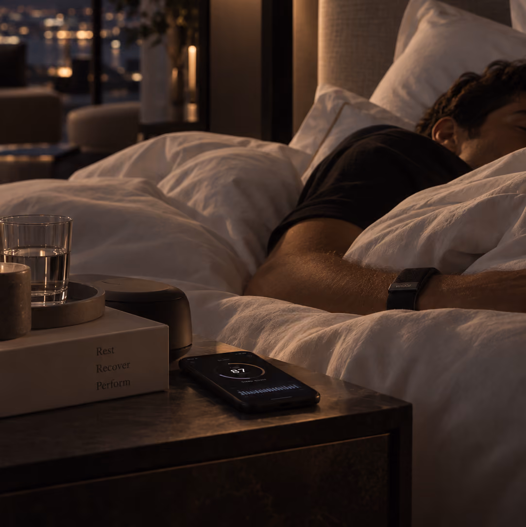 Cama con sábanas y almohadas arrugadas iluminadas por luz natural tenue.