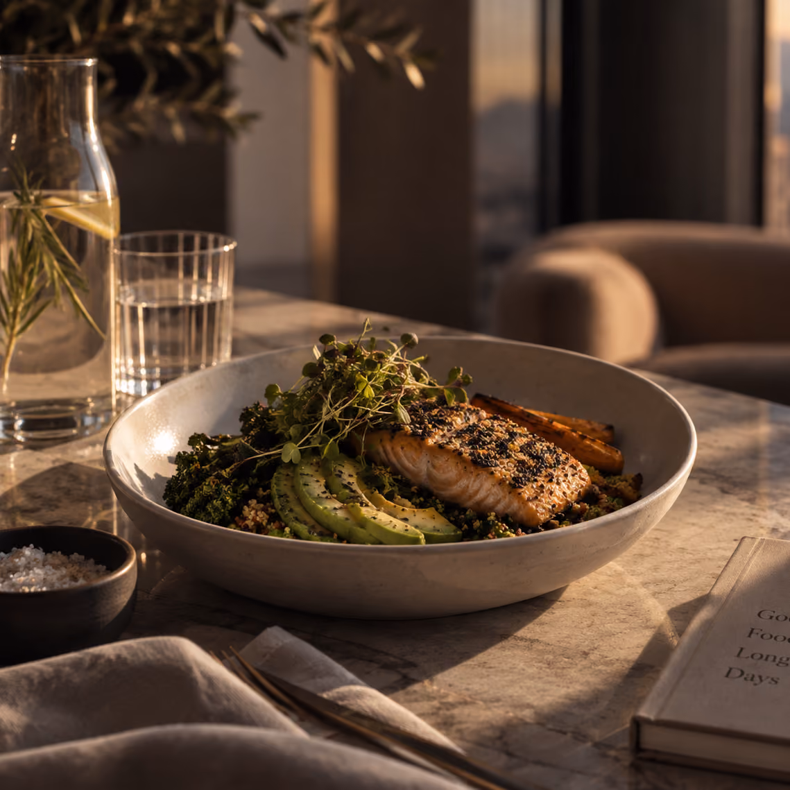 Plato con filete de salmón a la parrilla, rodajas de aguacate, verduras verdes y brotes sobre una cama de quinoa, servido en mesa de mármol con un vaso de agua, una jarra con rodaja de limón y una planta en el fondo, iluminado por luz natural cálida.
