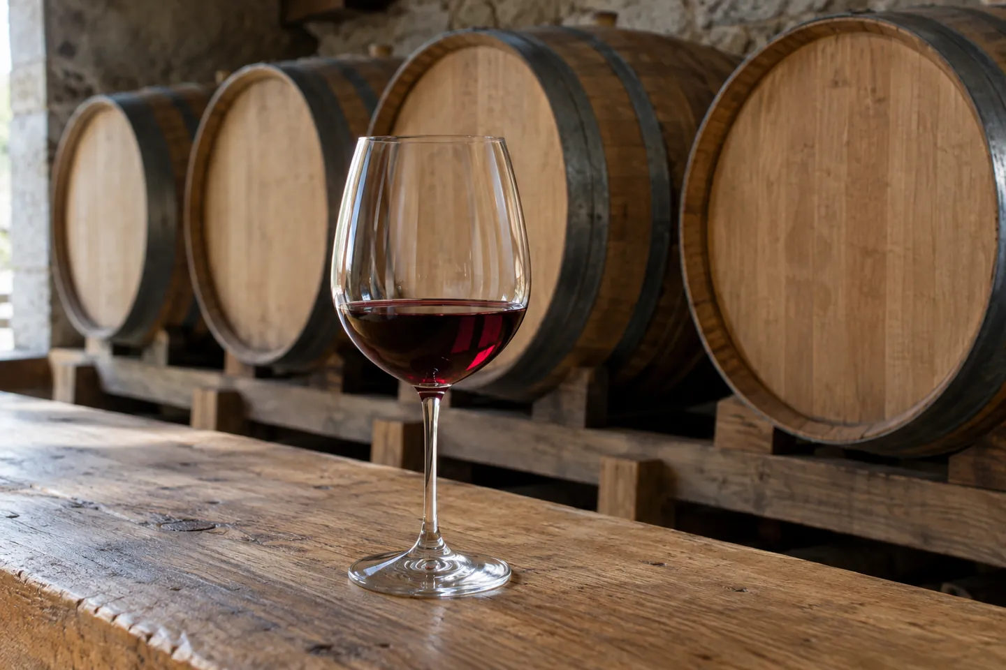 Copo de vinho tinto junto de barricas de carvalho numa adega.