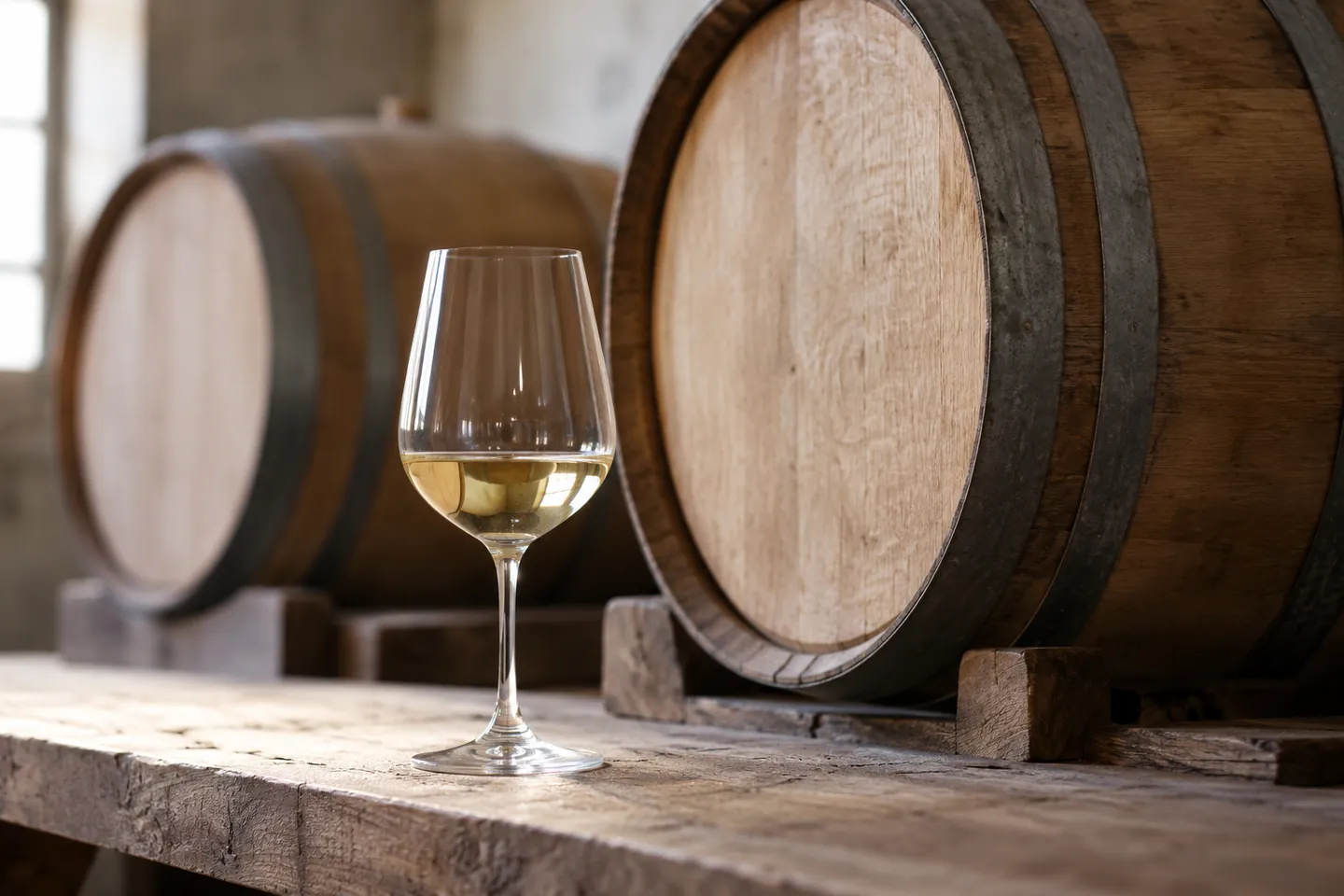 Copo de vinho branco junto de uma barrica de carvalho.
