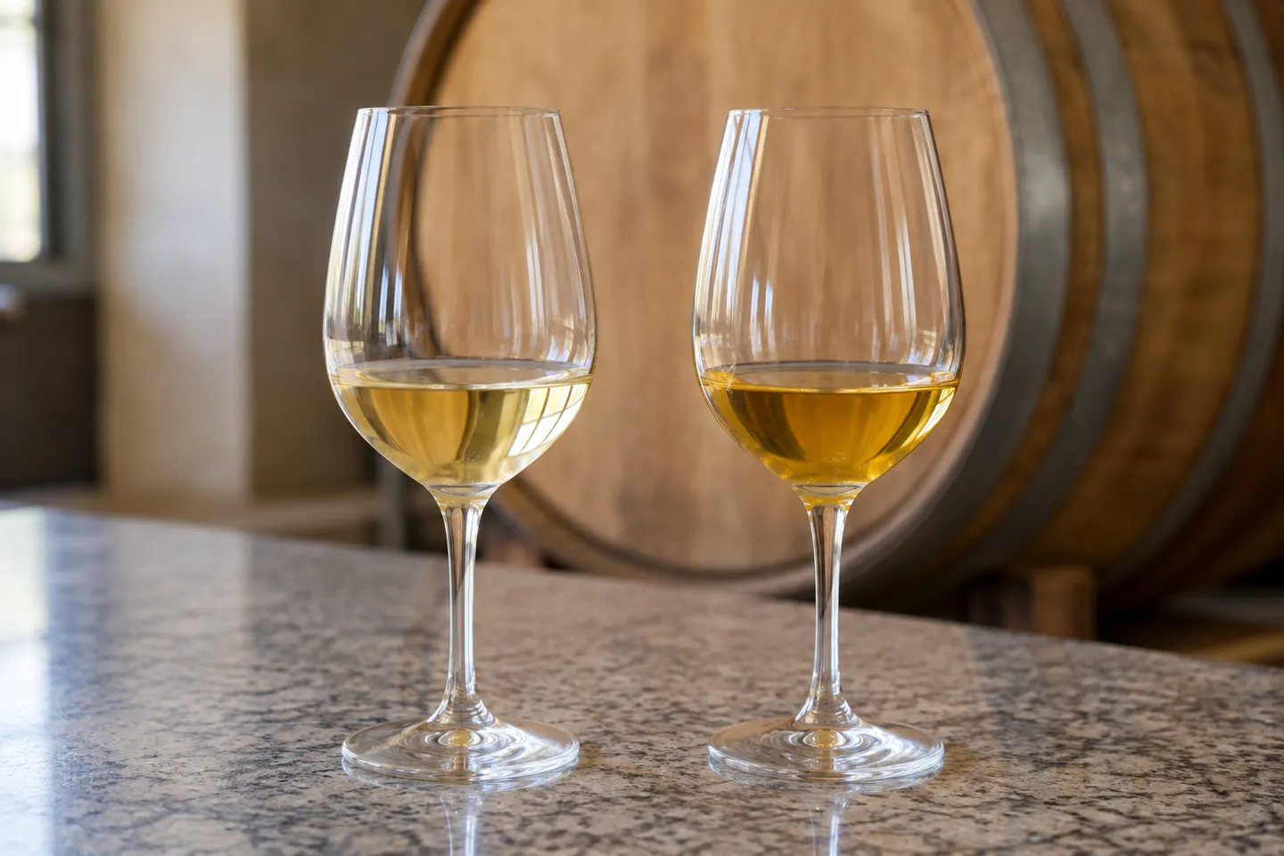 Two glasses of white wine on a granite counter with an oak barrel behind.