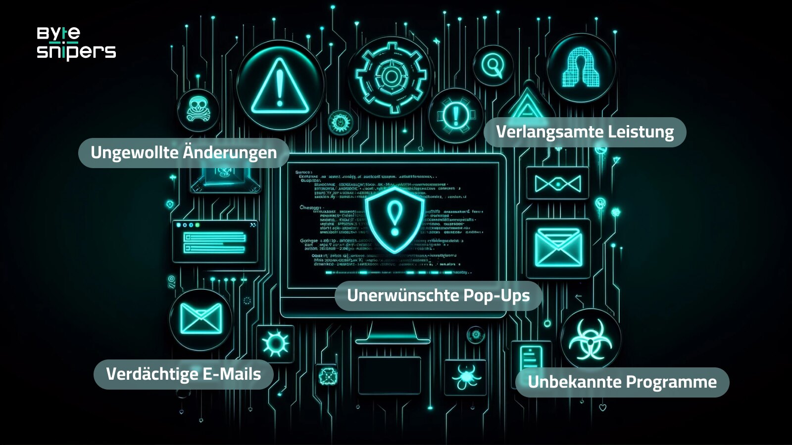 Illustration zeigt Anzeichen und Symptome einer Malware-Infektion auf einem Computer