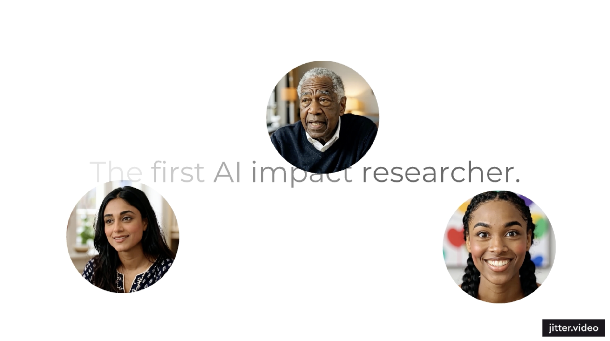 Three circular portrait photos of people, with partial text in the background saying 'The first AI impact researcher.'