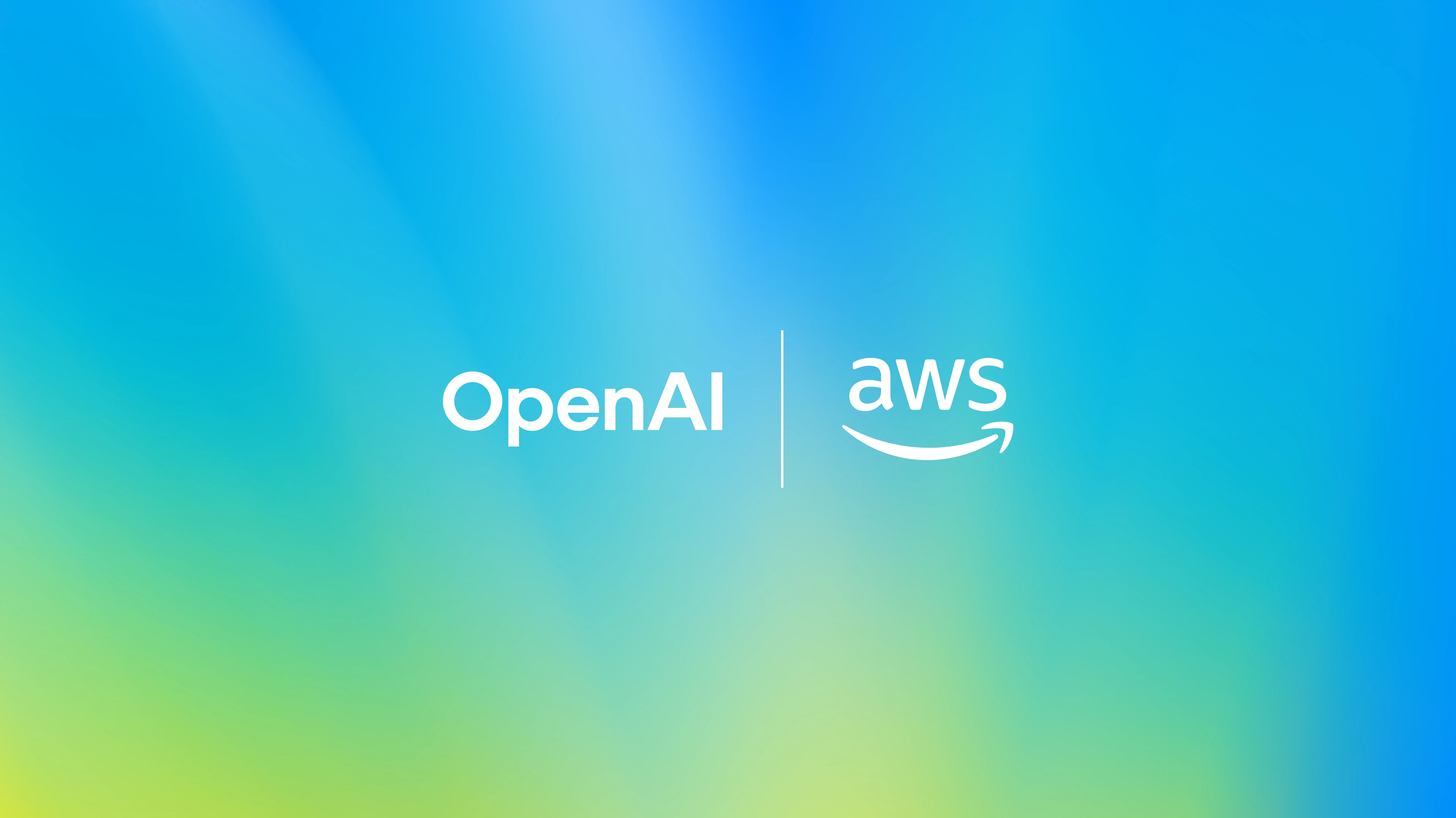 OpenAI and AWS logos side by side, centered on a bright gradient background of blue, green, and yellow.