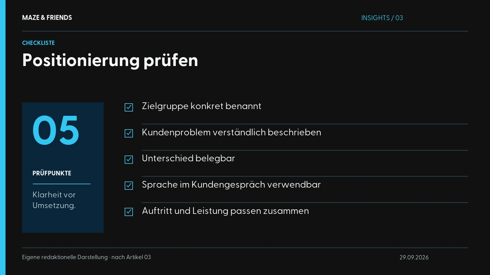 Positionierung prüfen – Zielgruppe konkret benannt Kundenproblem verständlich beschrieben Unterschied belegbar Sprache im Kundengespräch verwendbar Auftritt und Leistung passen zusammen