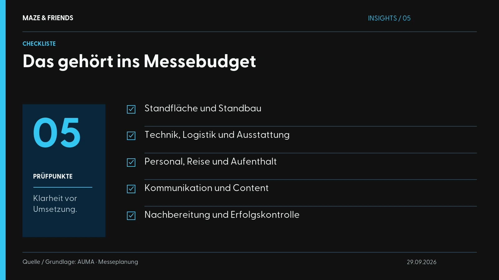 Das gehört ins Messebudget – Standfläche und Standbau Technik, Logistik und Ausstattung Personal, Reise und Aufenthalt Kommunikation und Content Nachbereitung und Erfolgskontrolle