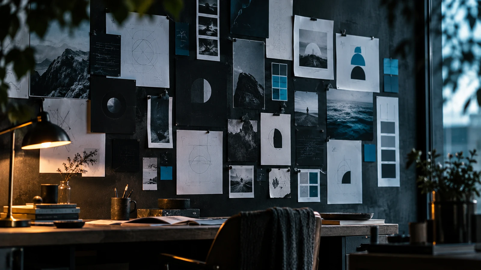Gestaltungsstudien und Farbmuster an einer Studiowand