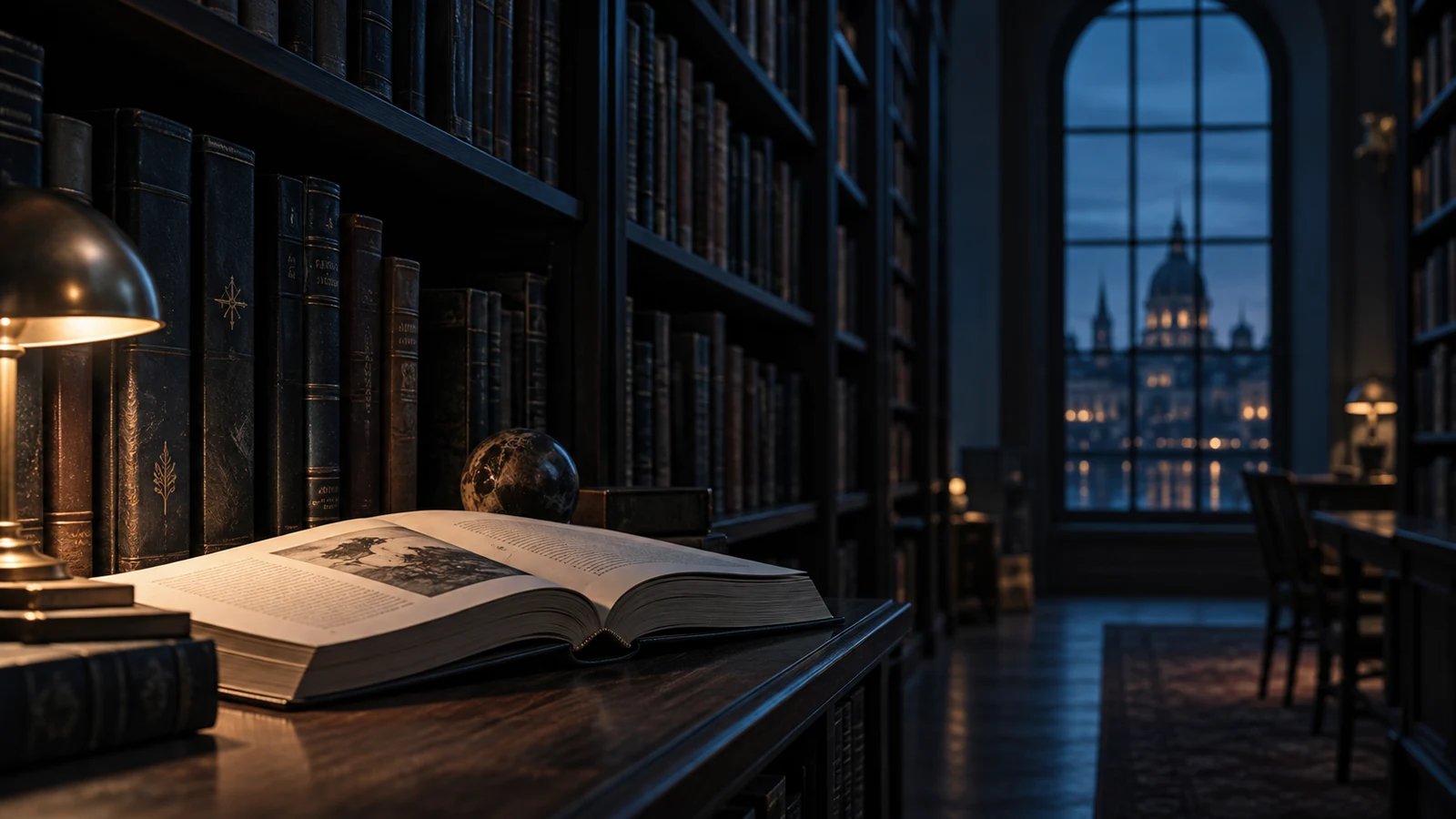 Ein ausgewähltes Buch in einer dunklen Bibliothek