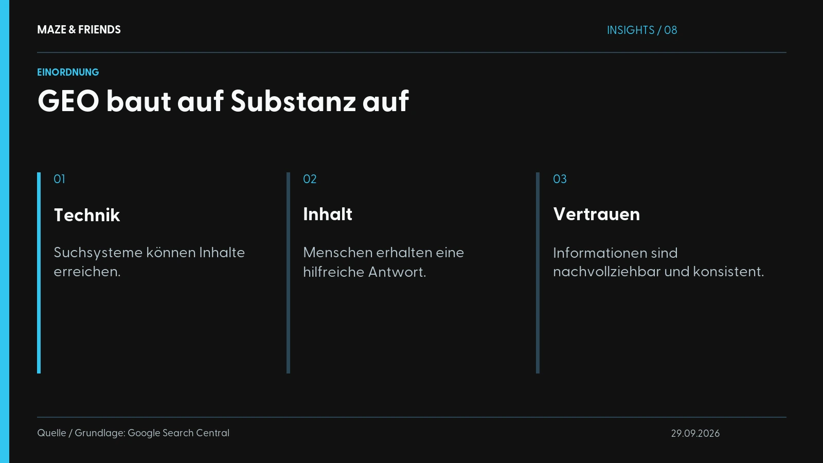 GEO baut auf Substanz auf – Technik: Suchsysteme können Inhalte erreichen. Inhalt: Menschen erhalten eine hilfreiche Antwort. Vertrauen: Informationen sind nachvollziehbar und konsistent.