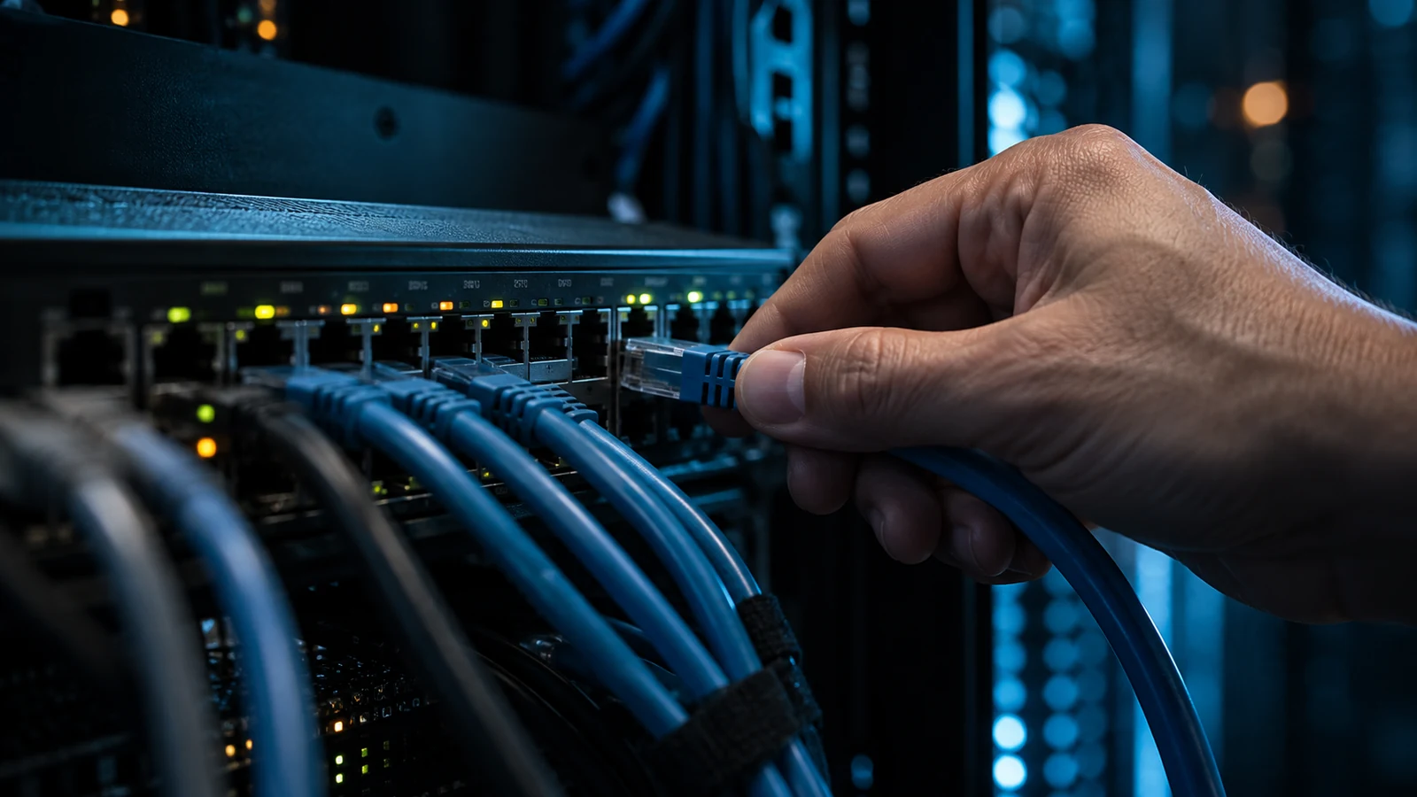 Netzwerkkabel wird an einem Switch angeschlossen