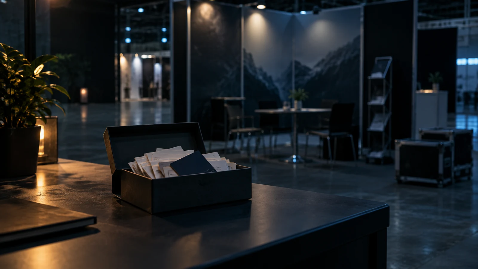 Verlassener Messestand mit gesammelten Kontaktkarten