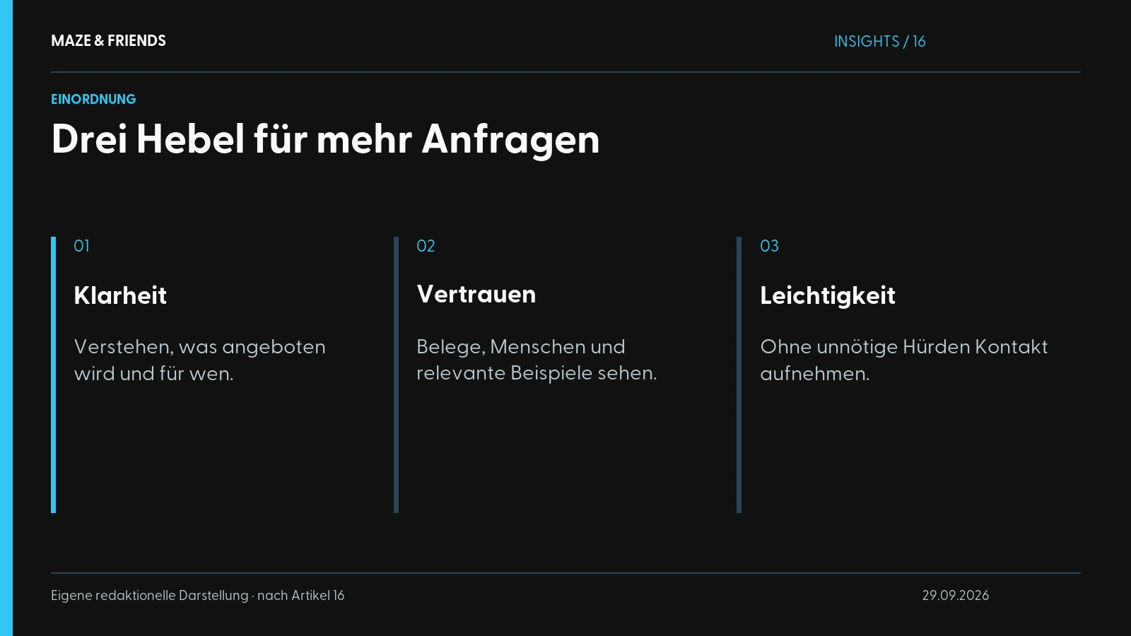 Drei Hebel für mehr Anfragen – Klarheit: Verstehen, was angeboten wird und für wen. Vertrauen: Belege, Menschen und relevante Beispiele sehen. Leichtigkeit: Ohne unnötige Hürden Kontakt aufnehmen.