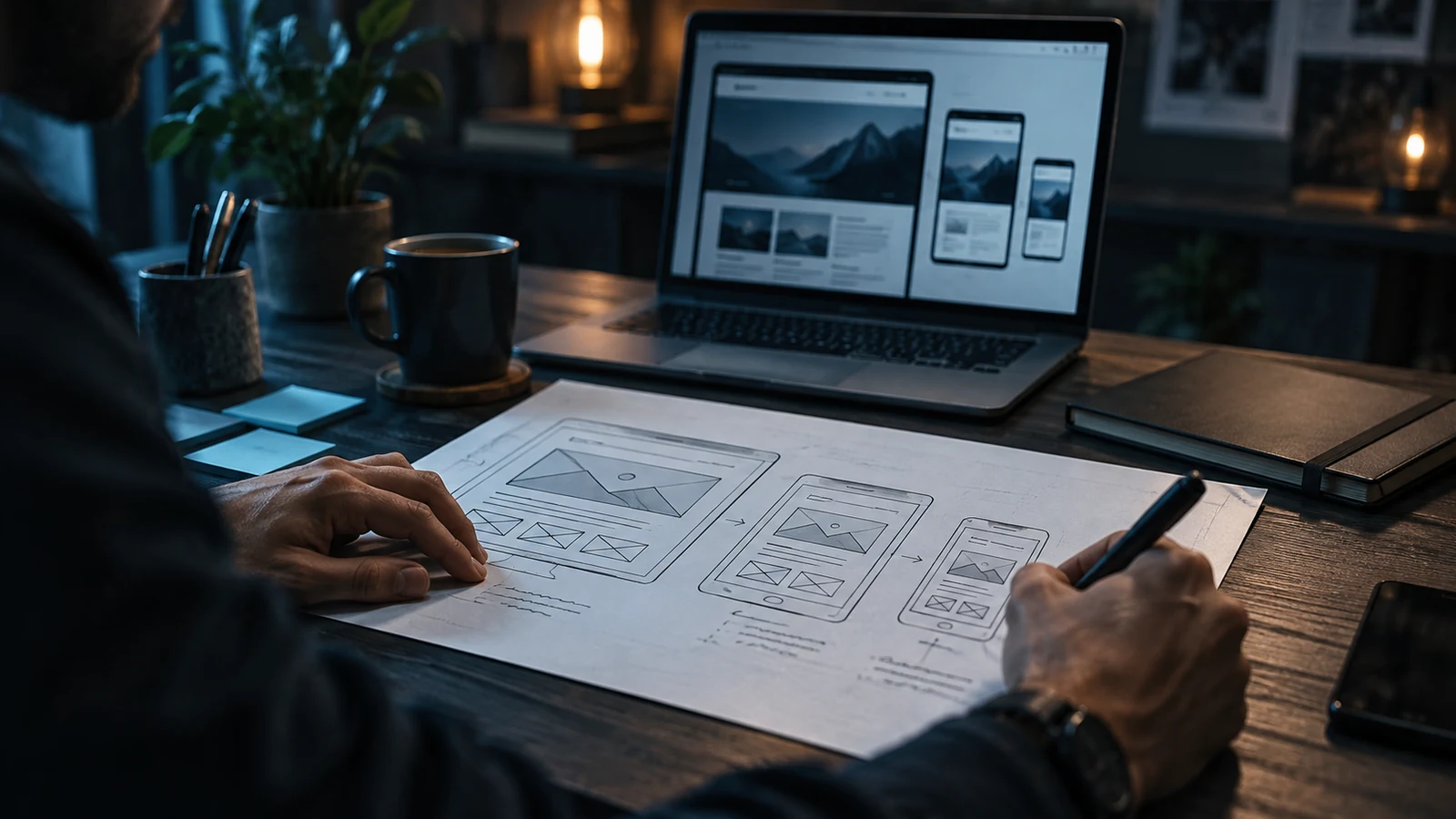 Website-Skizze und Laptop am Designarbeitsplatz