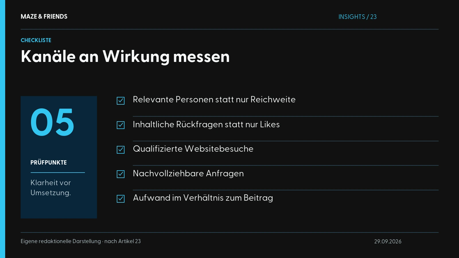 Kanäle an Wirkung messen – Relevante Personen statt nur Reichweite Inhaltliche Rückfragen statt nur Likes Qualifizierte Websitebesuche Nachvollziehbare Anfragen Aufwand im Verhältnis zum Beitrag