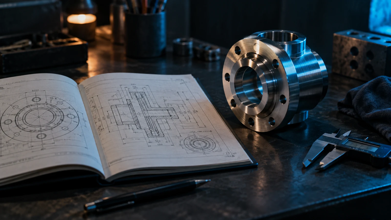 Technische Dokumentation neben einem Metallbauteil