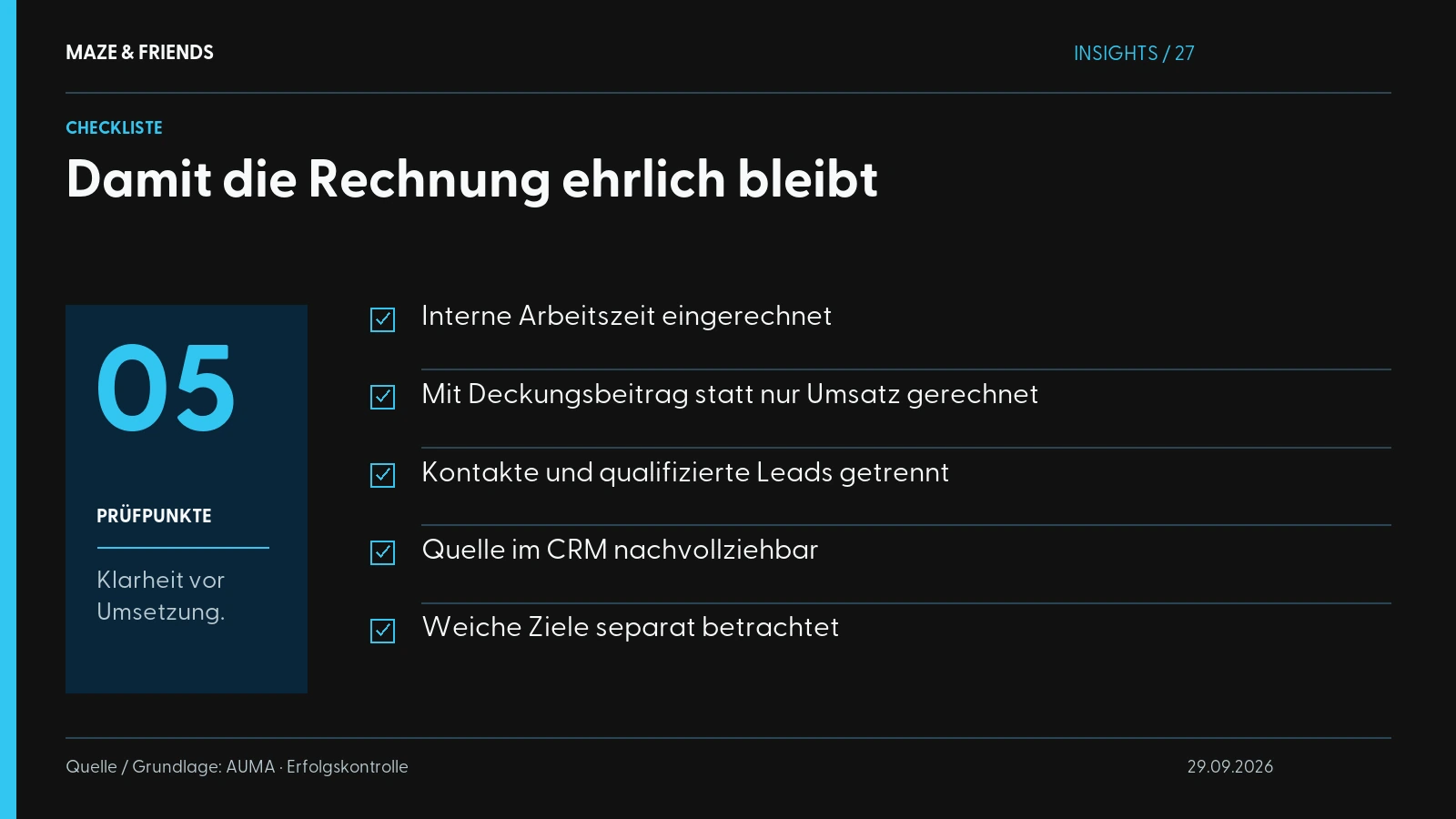 Damit die Rechnung ehrlich bleibt – Interne Arbeitszeit eingerechnet Mit Deckungsbeitrag statt nur Umsatz gerechnet Kontakte und qualifizierte Leads getrennt Quelle im CRM nachvollziehbar Weiche Ziele separat betrachtet