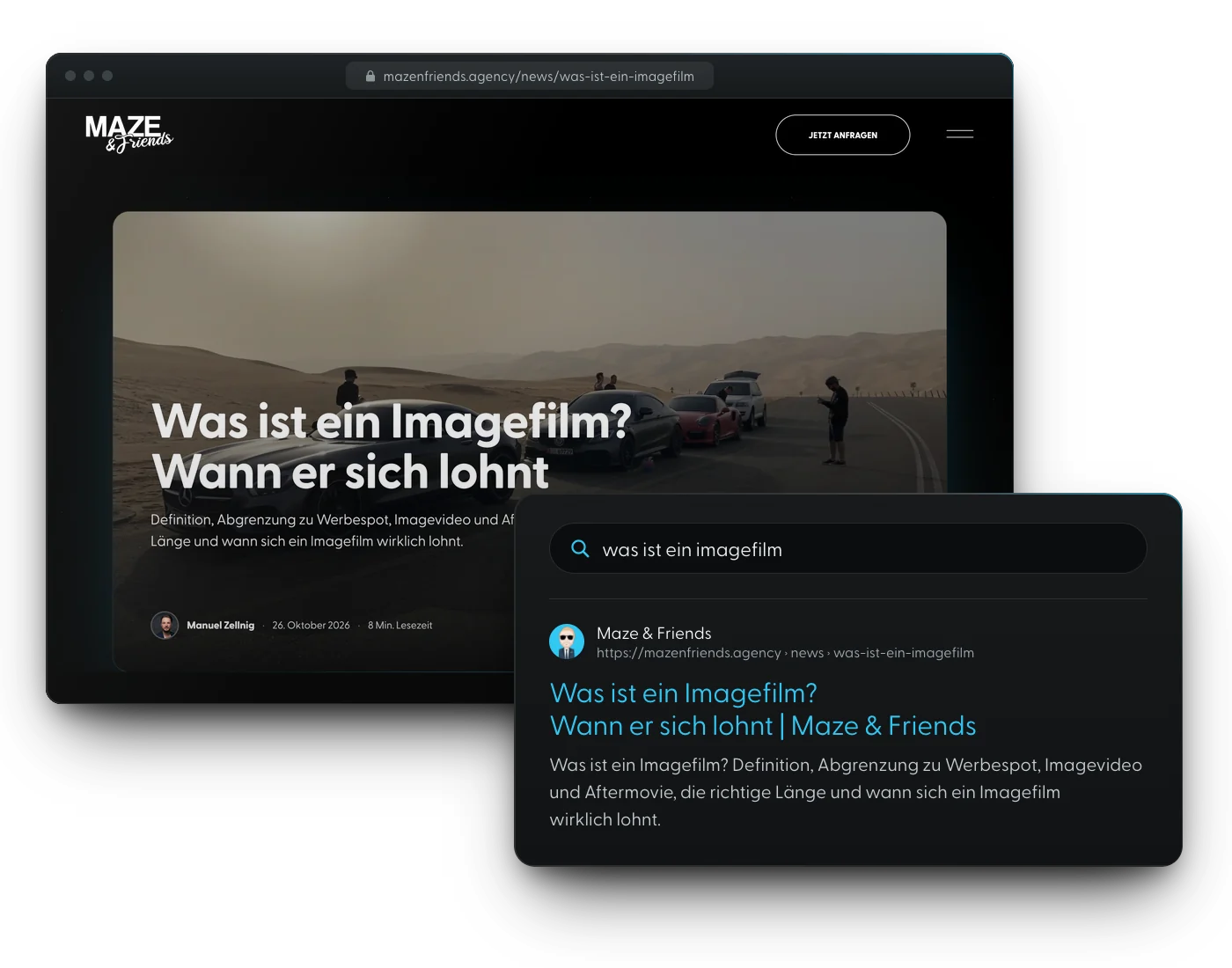 Browserfenster mit dem Ratgeber-Artikel „Was ist ein Imagefilm?“ von Maze & Friends und eine Suchergebnis-Vorschau mit Titel und Beschreibung der Seite