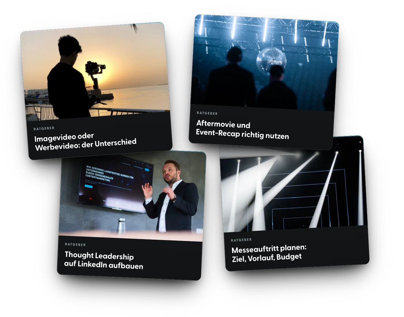 Vier Ratgeber-Karten von Maze & Friends, darunter „Imagevideo oder Werbevideo“ und „Thought Leadership auf LinkedIn aufbauen“