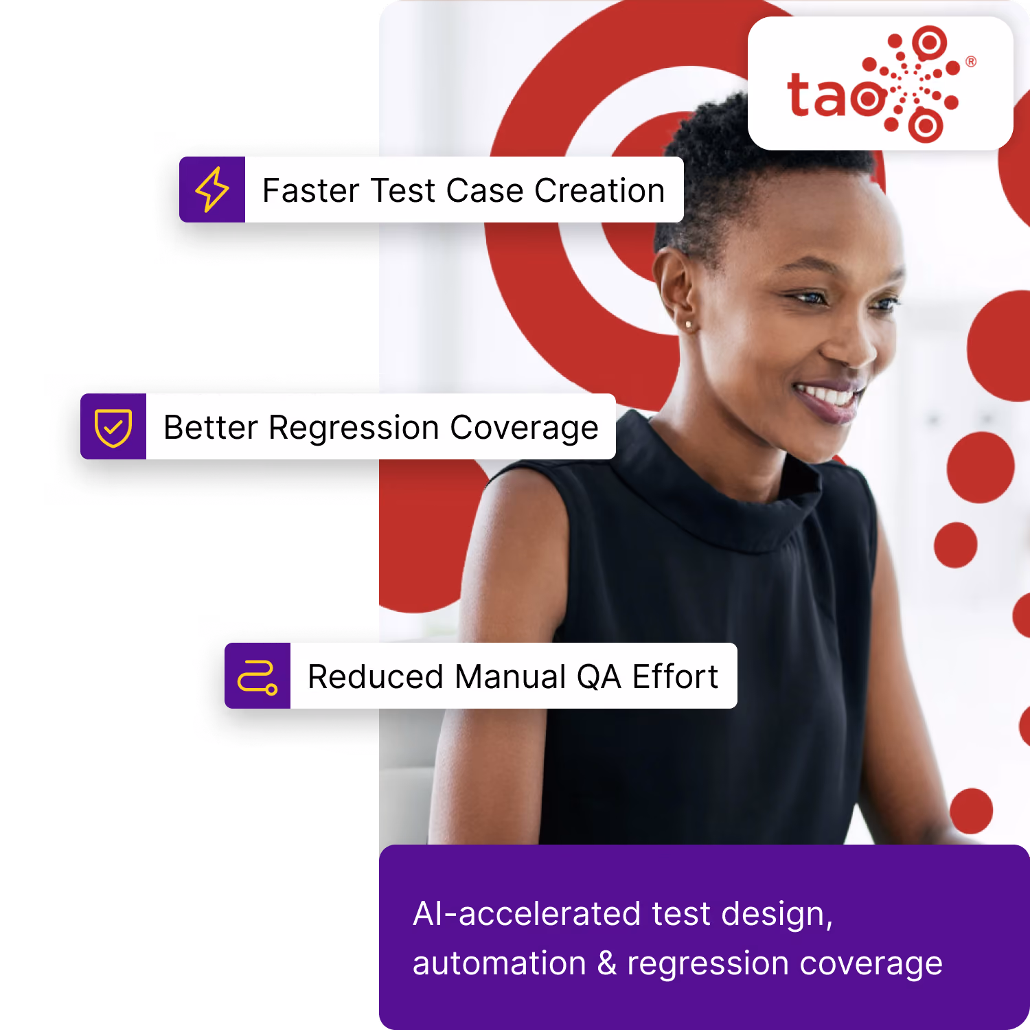 An image showing a smiling person, over which 3 pills read "Faster Test Case Creation", "Better Regressive Coverage" and "Reduced Manual QA Effort". Below the image is a paragraph stating "An image showing a hand holding a medical testing plate. Floating above are 3 pills reading "Data Strategy & Architecture", "Knowledge Management" and "Digital Workplace". Below the image is a paragraph stating "Developed a global data architecture platform & governance framework".  