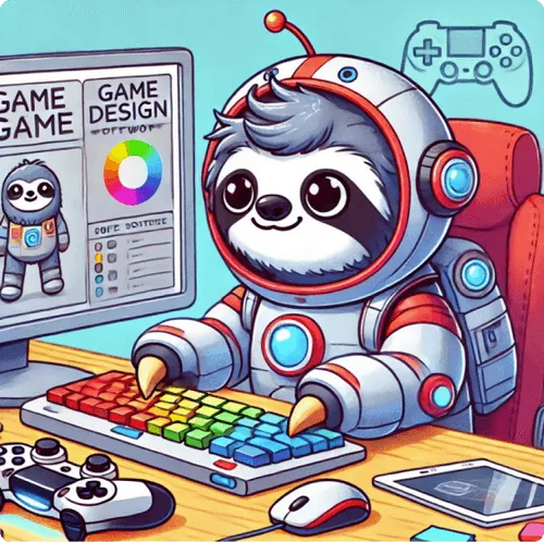 Cartoon sloth in a spacesuit typing on a colorful keyboard with a game design screen and controllers nearby.